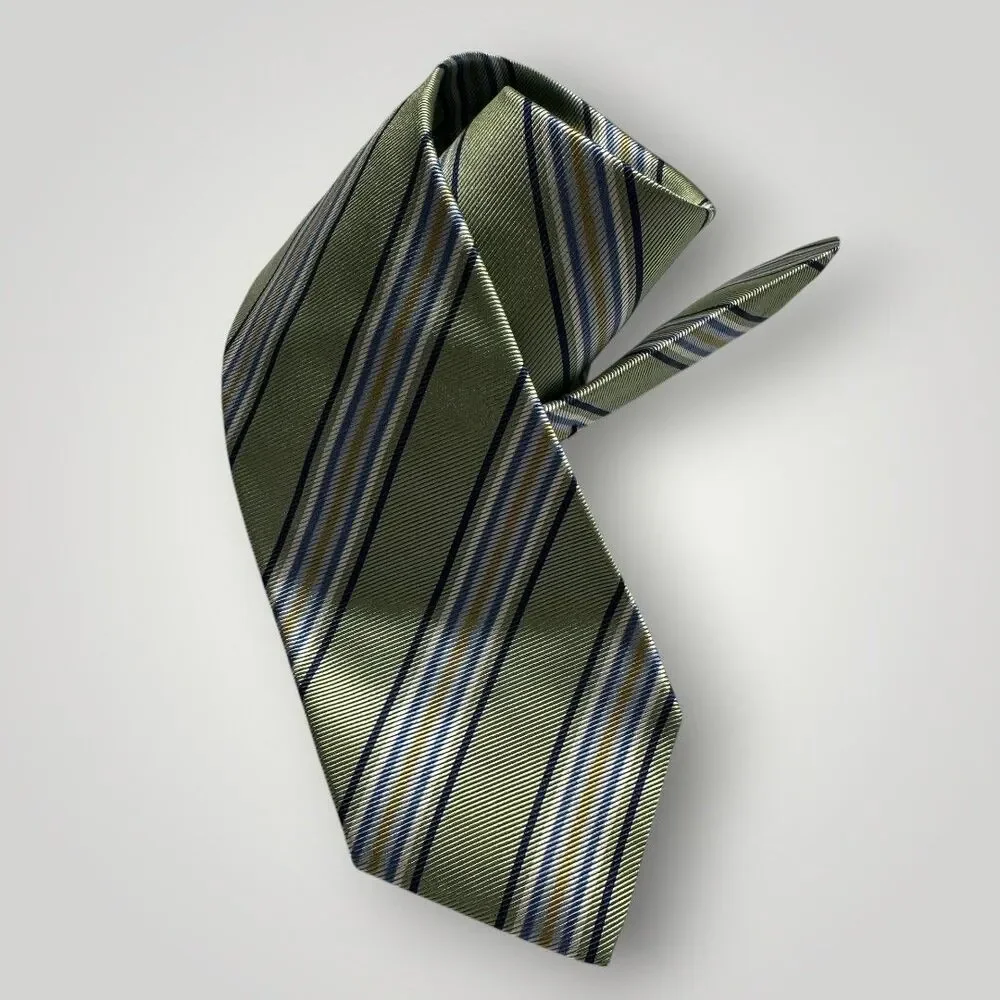 LANDS END Tie Striped 100% Silk Necktie Green/Black/White/Blue/Yellow NWOT